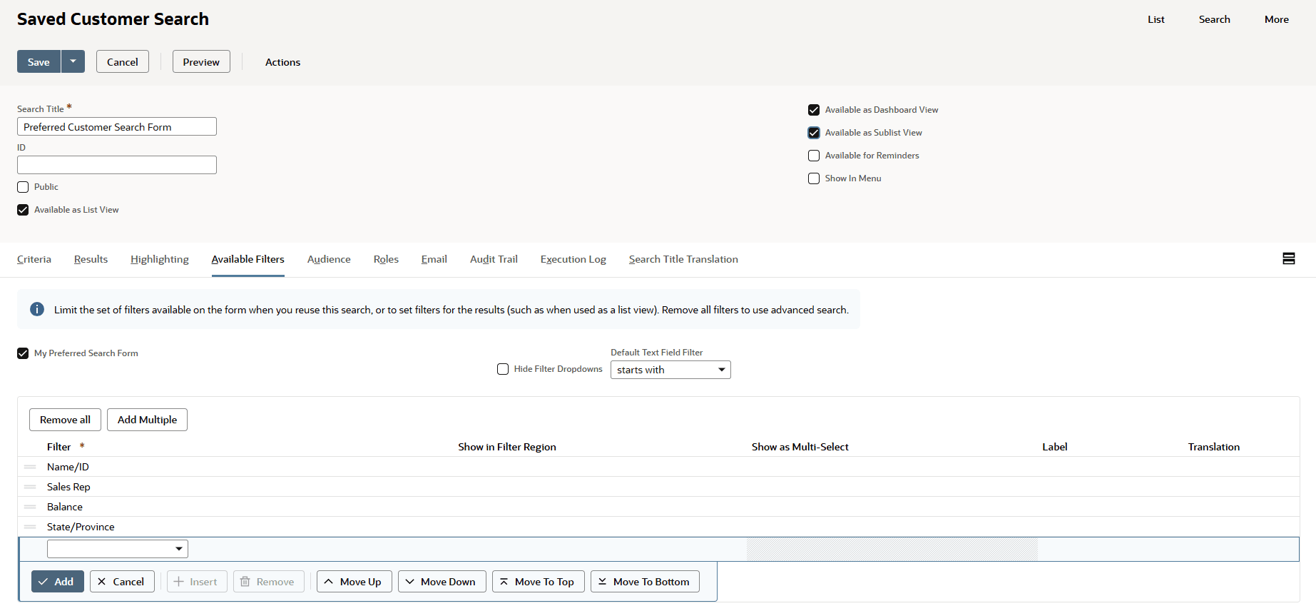 Saved Customer Search page