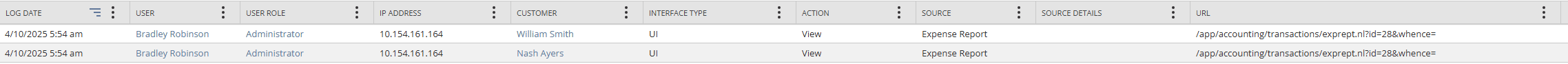 Example PI Access log with the View action on the Expense Report record.