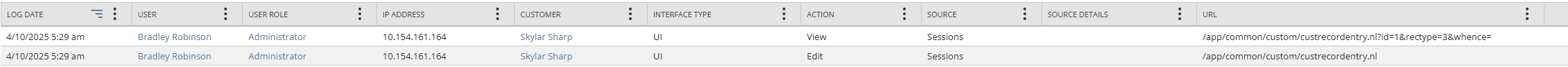 Example PI Access log with View and Edit actions on the Sessions record.