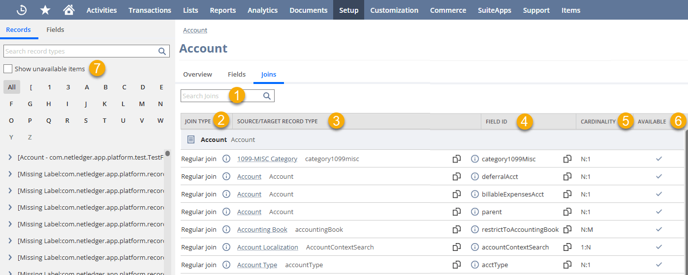 An example of available joins in SuiteScript Analytic API for the Account Record Type.