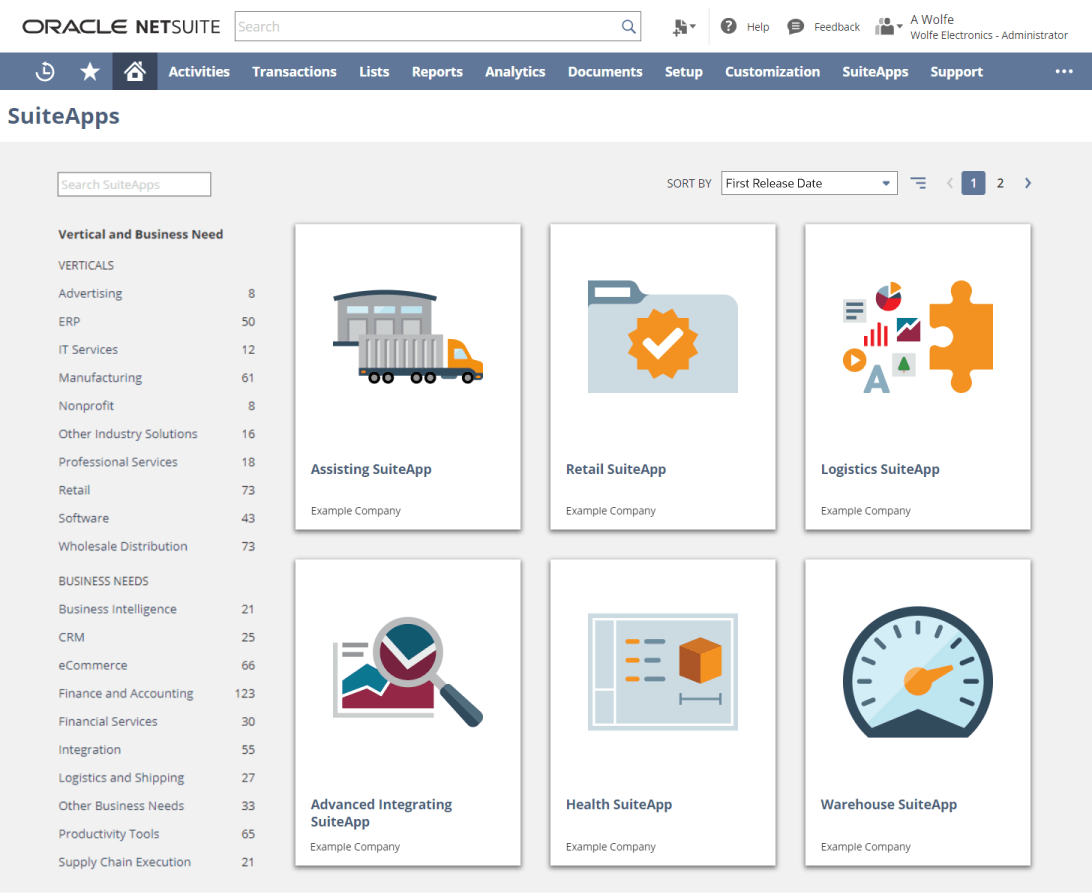 SuiteApps on the SuiteApp Marketplace page in NetSuite.