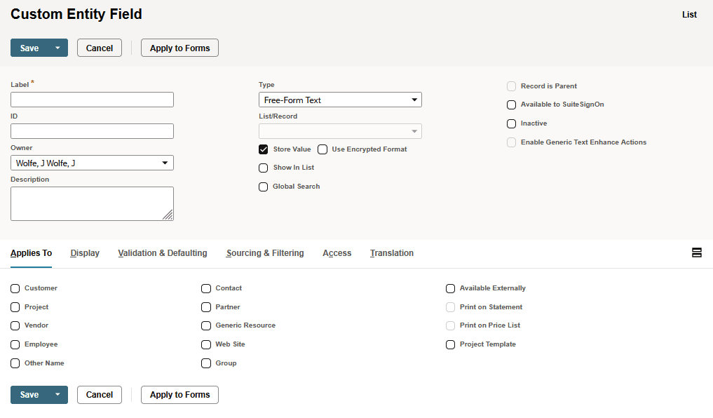 Custom Item Field page
