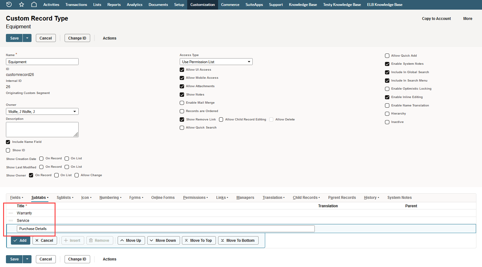 Sample Custom Record Type highlighting list of subtabs.