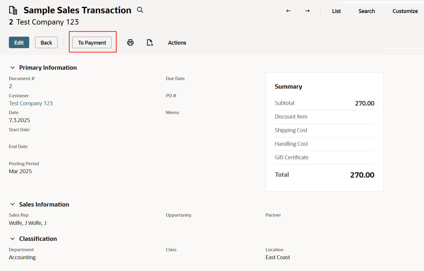 Sample sales transaction workflow button.