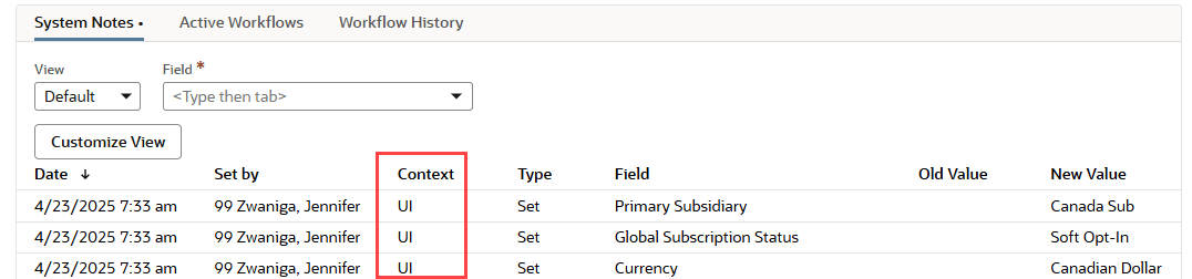 Exectuion context in system notes.