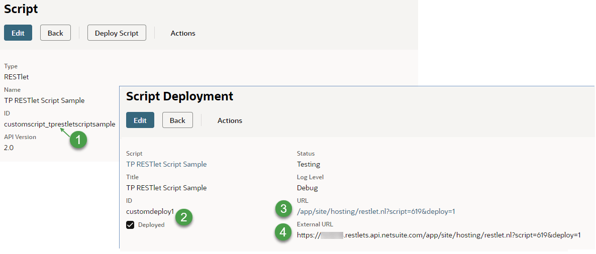 Script and Script deployment records for a RESTlet with ID and URL fields called out.