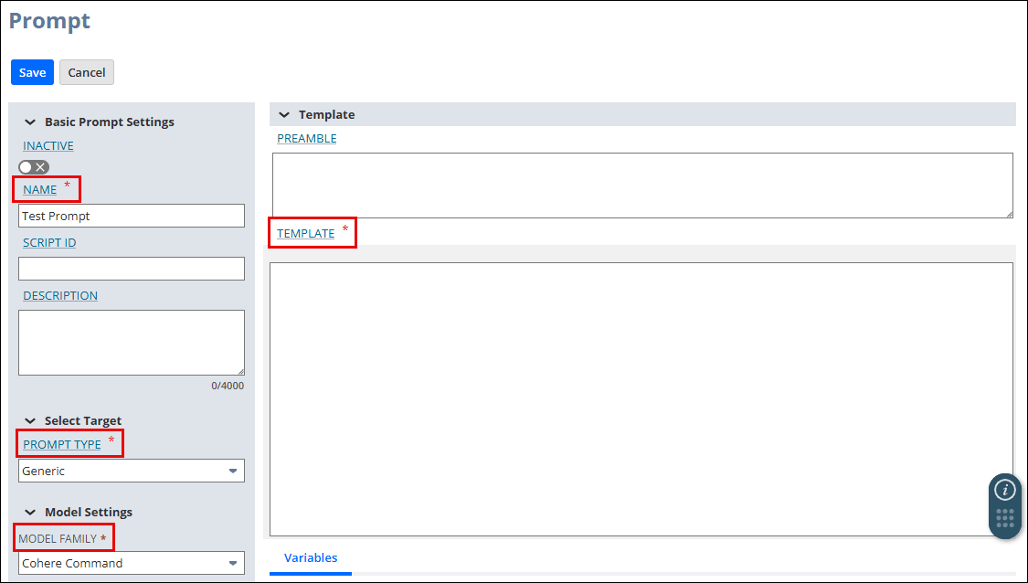 The required fields on a prompt record in Prompt Studio.