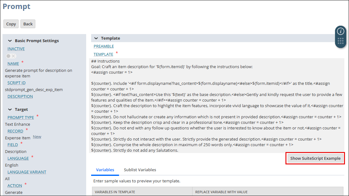 A prompt in Prompt Studio with the Show SuiteScript Example button highlighted.