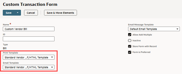 Custom Transaction Form page with Print Template and Email Template settings outlined in red.