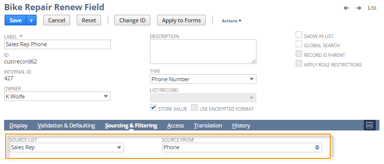 A portion of the workflow definition page showing a custom field definition with the Sales Rep Phone sourced from the Phone field on the Sales Rep record.