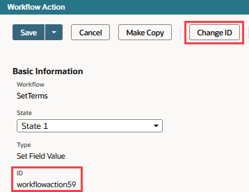 A portion of the Workflow Action screen with the Change ID button highlighted.