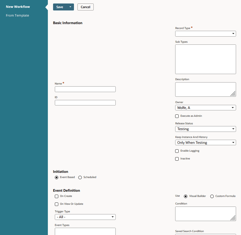 The workflow definition page showing the default settings