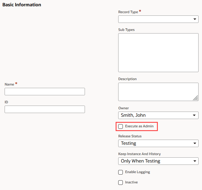 A portion of the workflow definition page with the Execute As Admin checkbox highlighted.