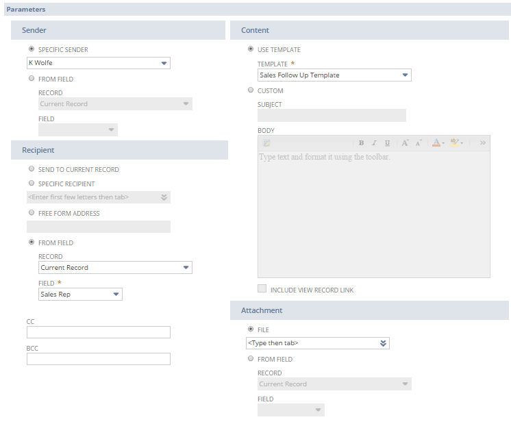 A portion of the Parameters section of the New Action window.