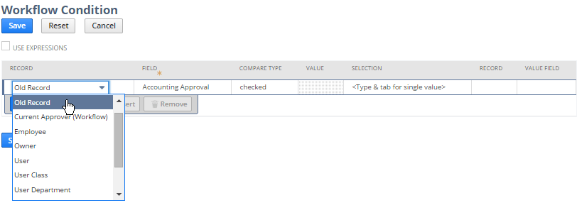 A screenshot showing 'Old Record' being selected in the Record column.