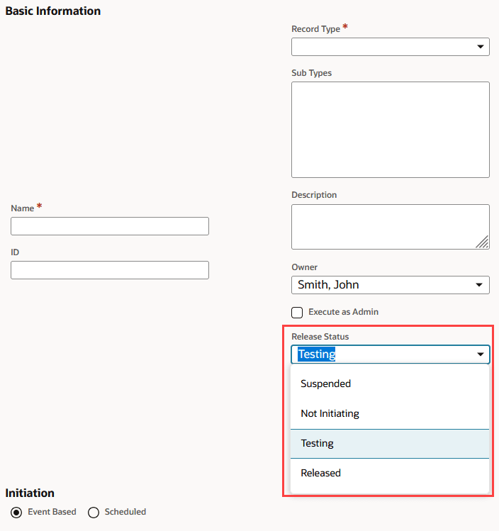 A portion of the workflow definition page showing the Release status options: Suspended, Not Initiating, Testing, and Released.