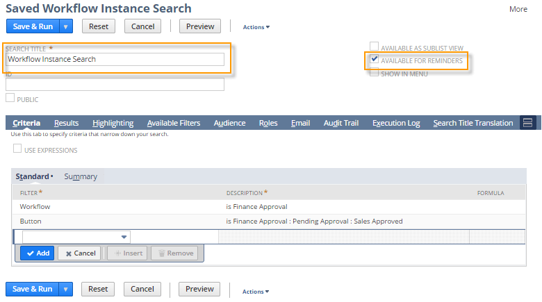 A portion of the Saved Workflow Instance Search screen with 'Workflow Instance Search' entered in the Search Title, and the Available for Reminders box selected.