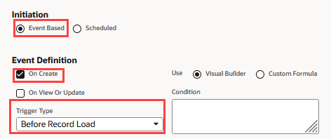 A portion of the workflow definition page with Event Based selected. The On Create box is checked and the Before Record Load trigger type is selected.