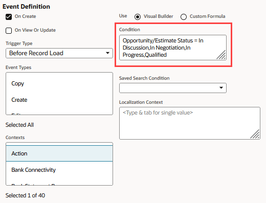The workflow definition page, in the Event Definition section, the Condition field is populated with the formula Opportunity/Estimate Status equals In Discussion, In Negotiation, In Progress, and Qualified.