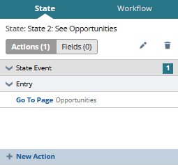 A view of the context panel that shows the Go to Page action added to the second state. Trigger On is set to Entry. Under Entry, the parameter is set to open the Opportunities page.