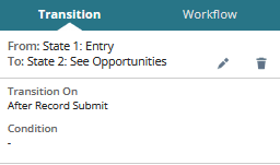 A view of the Transition tab on the context panel that shows a transaction on the After Record Submit action. Edit and delete icons are located to the right of the transition information.