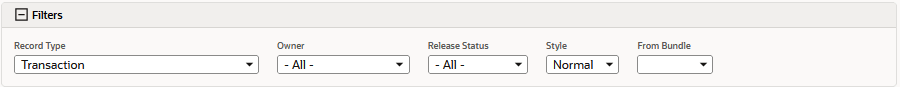A screenshot of the Filters options on the Workflows list page: Record Type, Owner, Release Status, Style, and From Bundle.