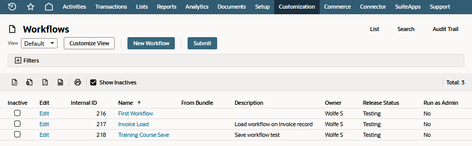 A portion of the Workflows list page showing example workflows and the corresponding workflow details.
