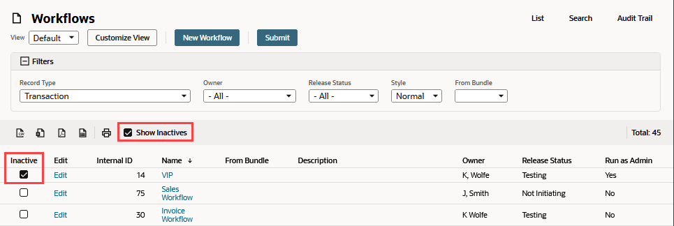 A portion of the Workflows list page showing the Show Inactives box checked.