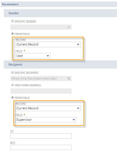 A portion of the Send Email action page for a purchase order. In the Sender and Recipient sections, the User and Supervisor values for Current Record represent the user currently accessing the purchase order and the supervisor for that employee, respectively.