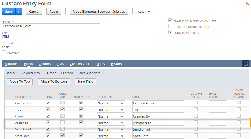 A portion of the Custom Entry Form page that highlights the Assigned row. Users should note that in the Description column, it is listed as 'Assigned,' whereas in the Label column, it is described as 'Assigned To.'