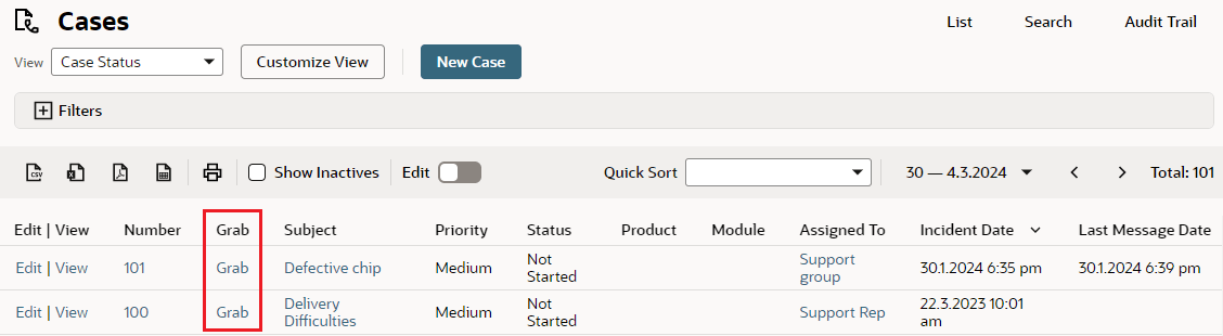 Screenshot of the Cases page where the user is grabing a case.