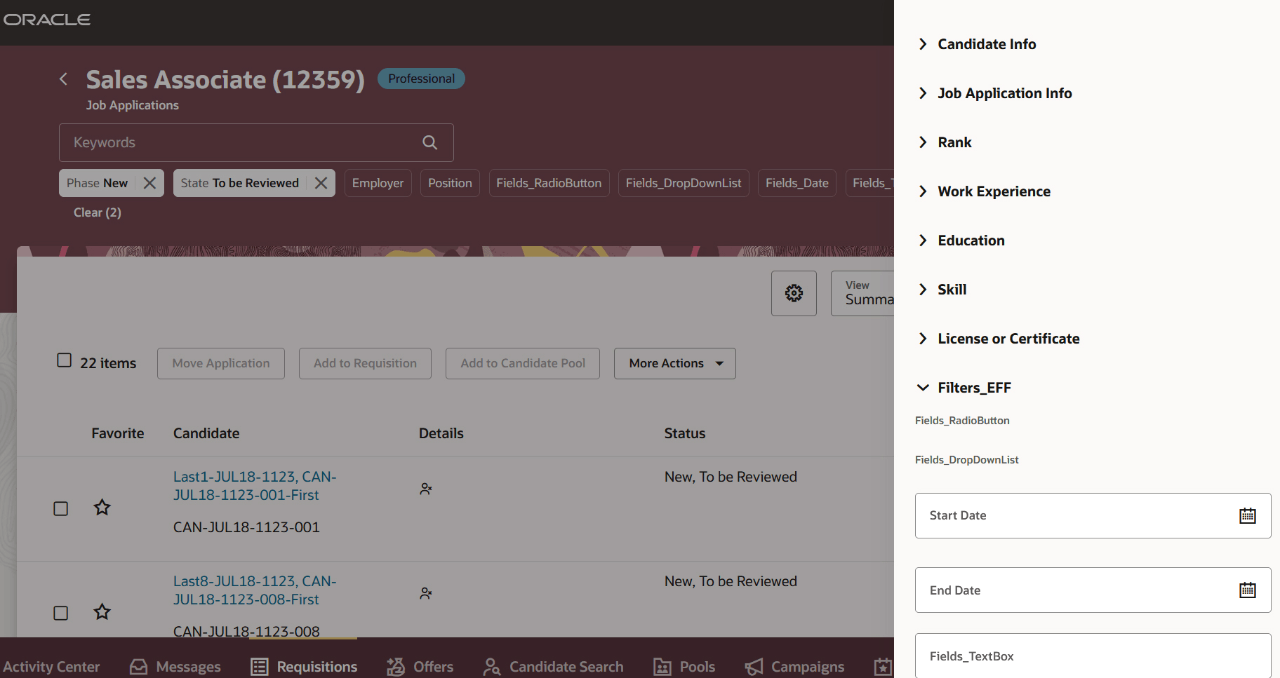 Screenshot showing EFF filters for job applications