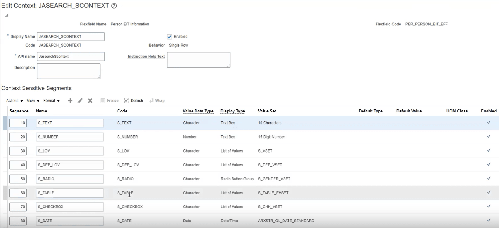 Screenshot showing an example of a single row context configuration
