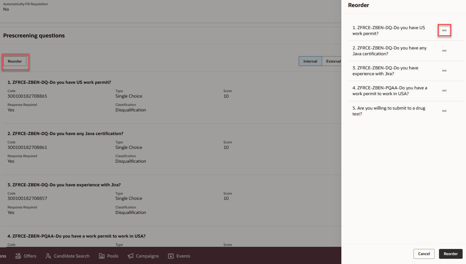 Reorder Prescreening Questions in the Reorder Panel