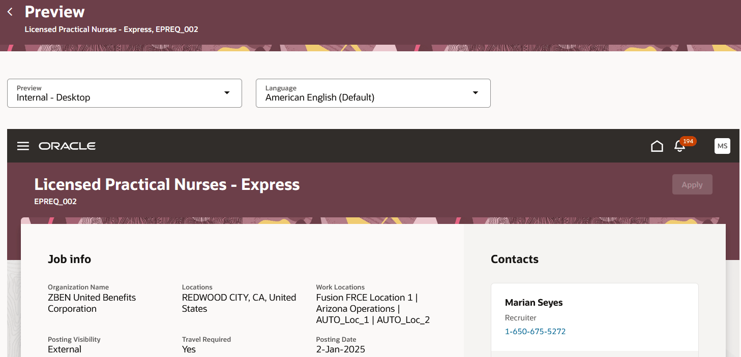 Preview Job Requisition: Internal - Desktop View