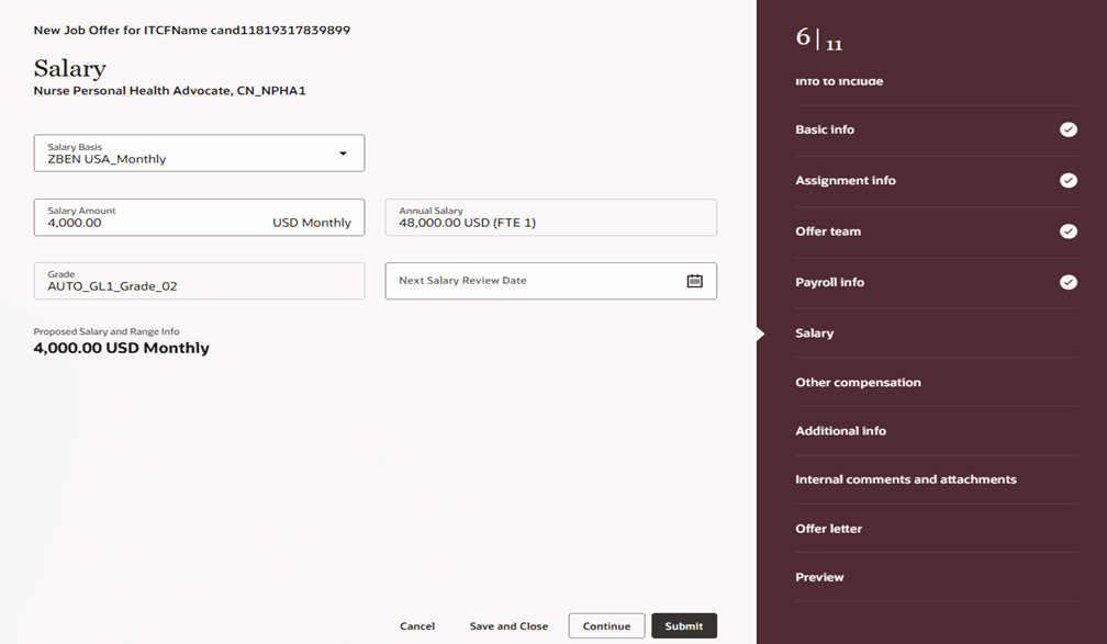 Salary Section in the New Job Offer Flow