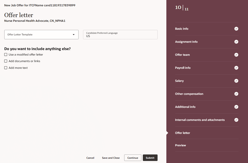 Offer Letter Section in the New Job Offer Flow