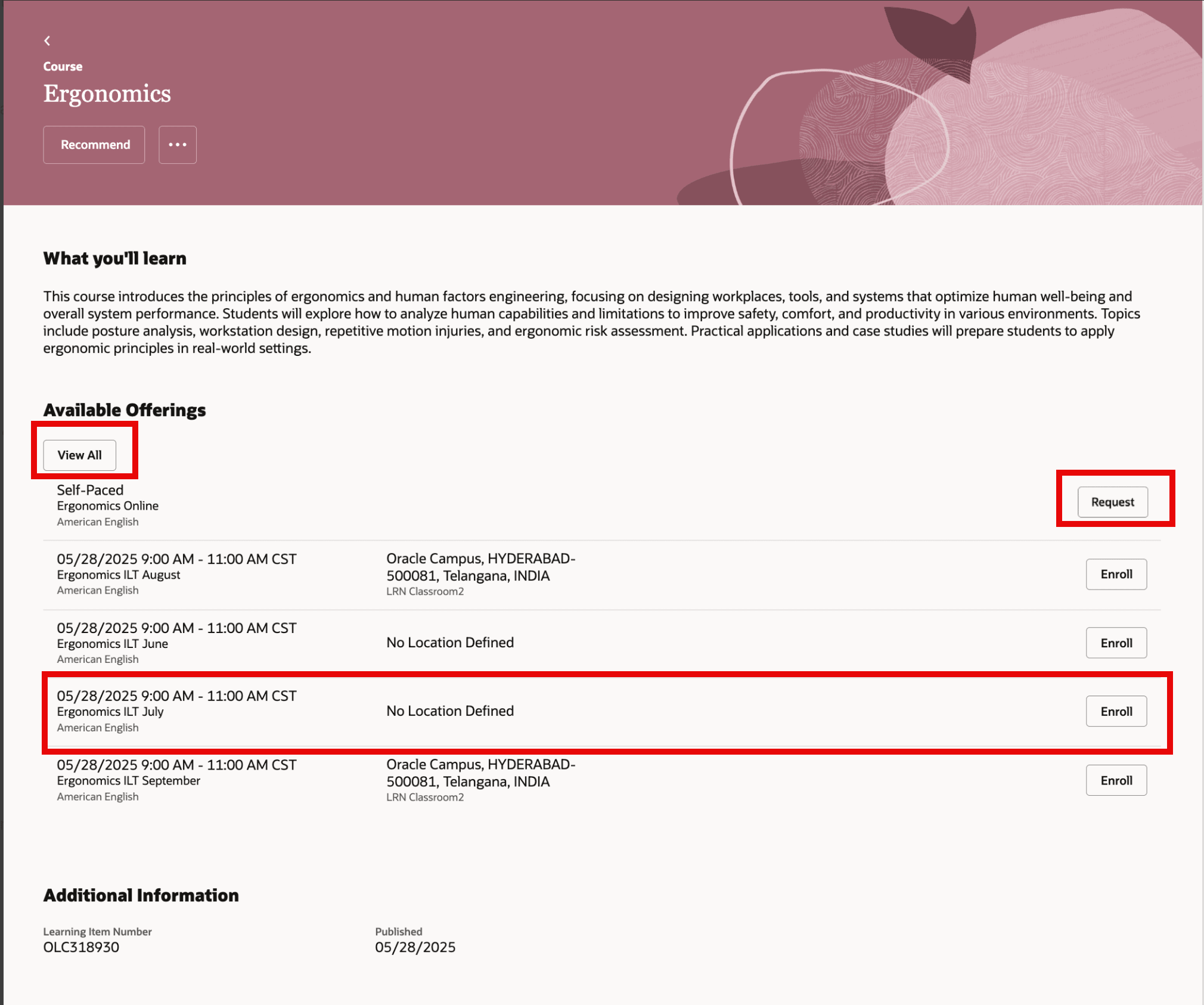 Catalog Details Page Displaying Available Offerings