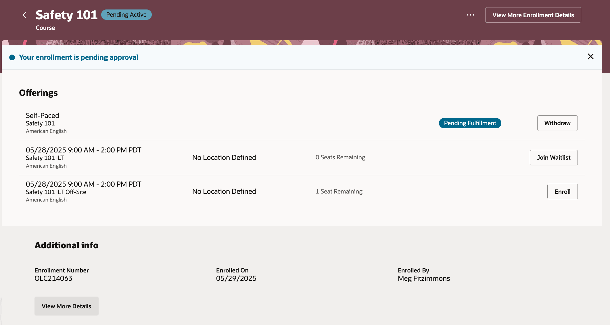 Learning Enrollment Page Showing a Pending Enrollment and Other Offerings the Learner can Join Waitlist or Enroll In