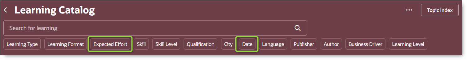 Learning Catalog Page Showing the Expected Effort and Date Filters