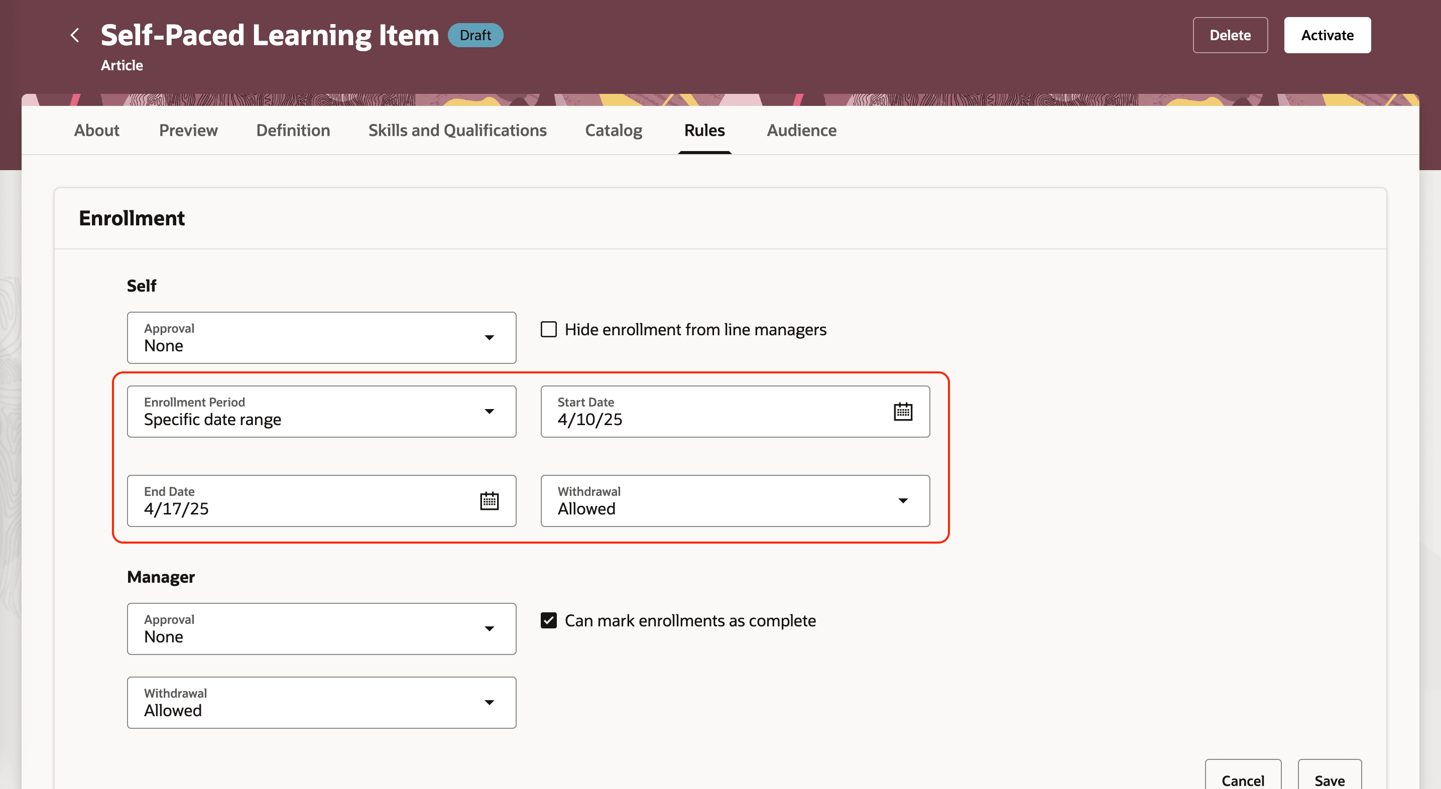 Self-Paced Learning Using a Specific Date Range for the Enrollment Period