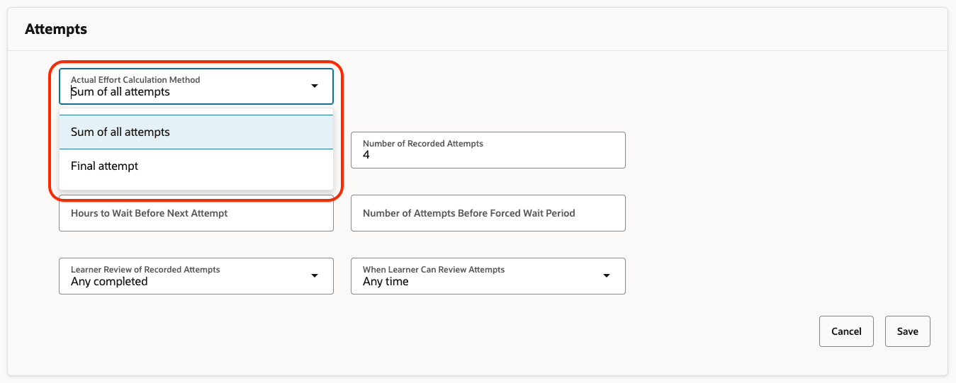 Actual Effort Calculation Method Field in Rules tab, Attempts Section of a Self-Paced Learning