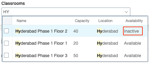 Classroom List Showing That 1 Classroom Has an Inactive Status and 2 Classrooms are Available
