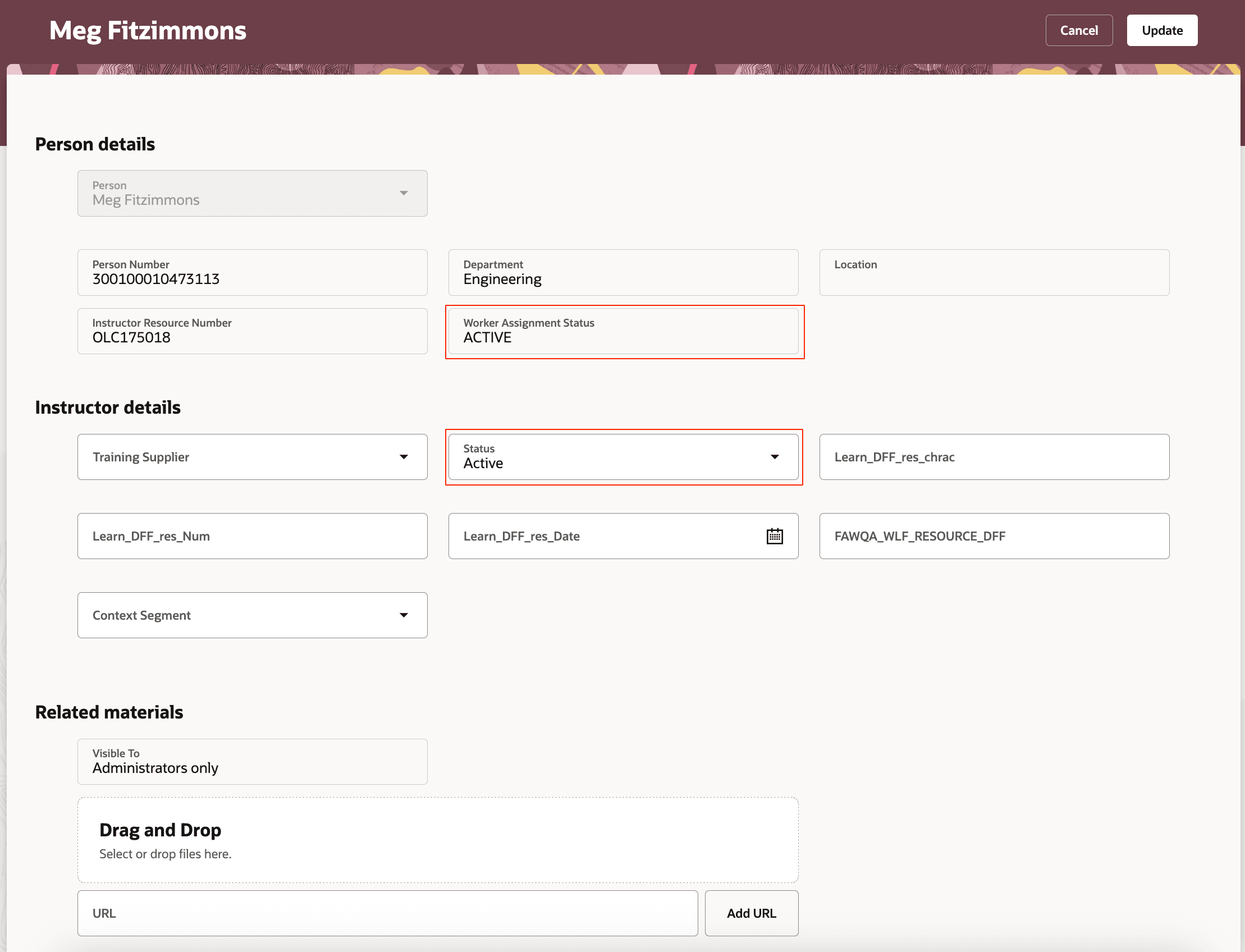 Edit Instructor Page with Worker Assignment Status and Instructor Status Highlighted
