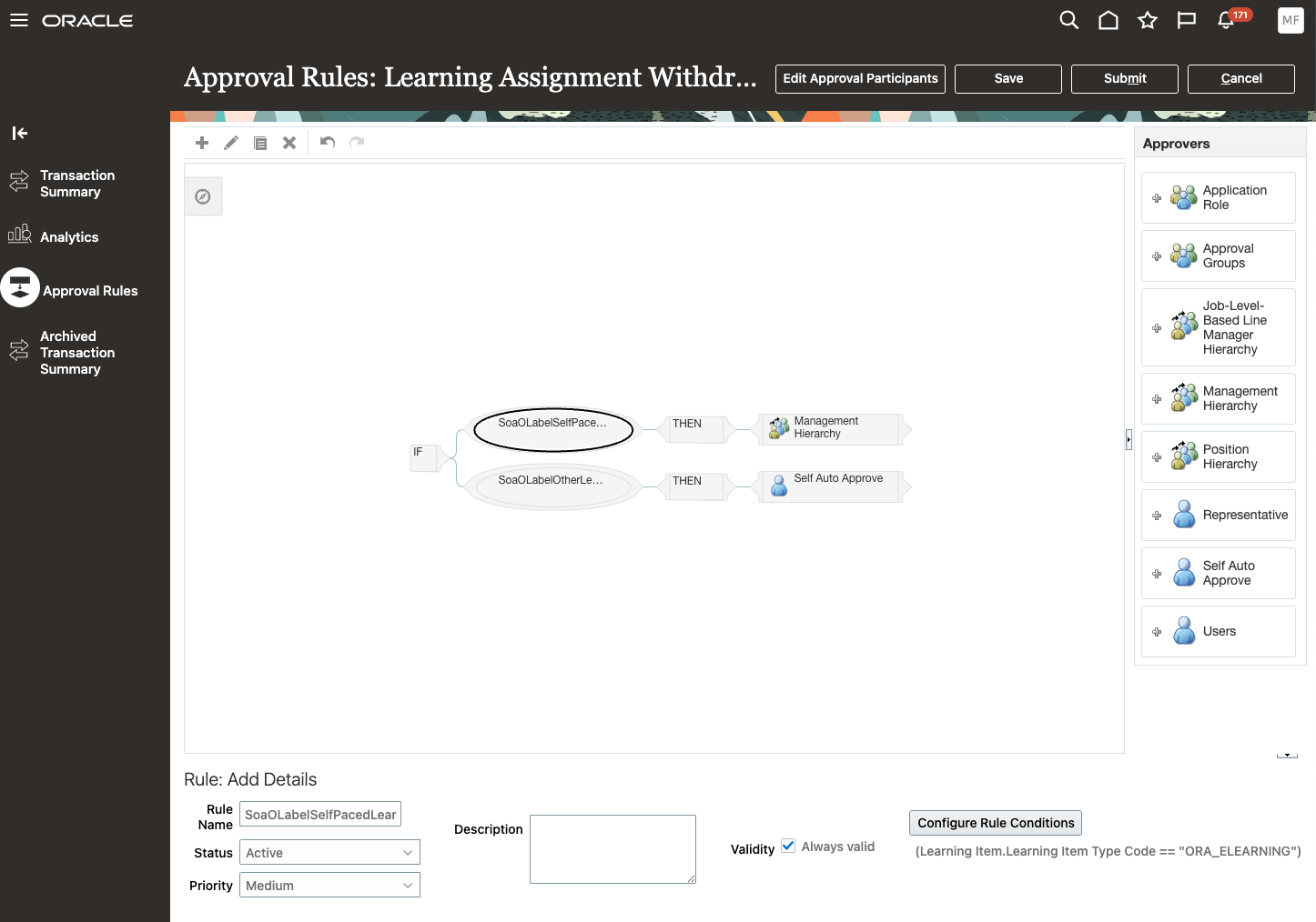 Approval Rules Tab Showing the Approval Rules for Learning Assignment Withdrawal