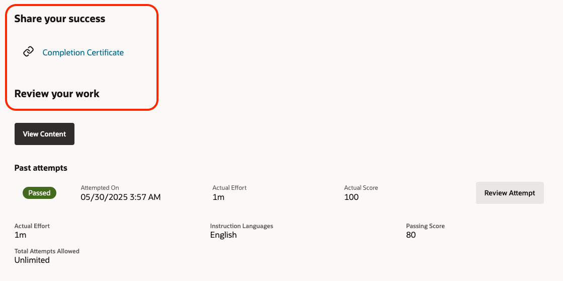 Completion Certificate Link on an Enrollment Details Page