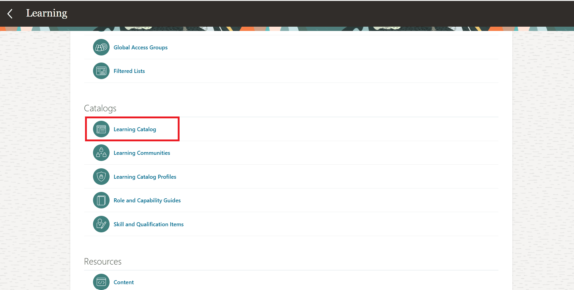 My Client Groups > Learning and Development Page Showing the New Learning Catalog Task