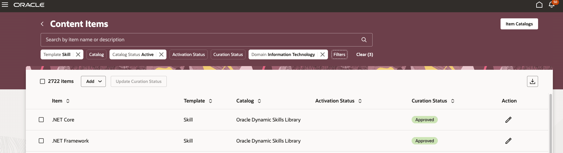 Example for content items filtered based on domain Information Technology
