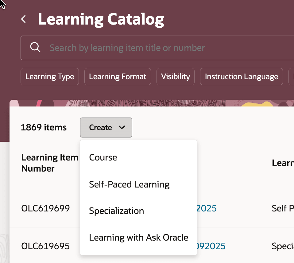 Learning Catalog Page Showing the Create > Learning with Ask Oracle Menu Option