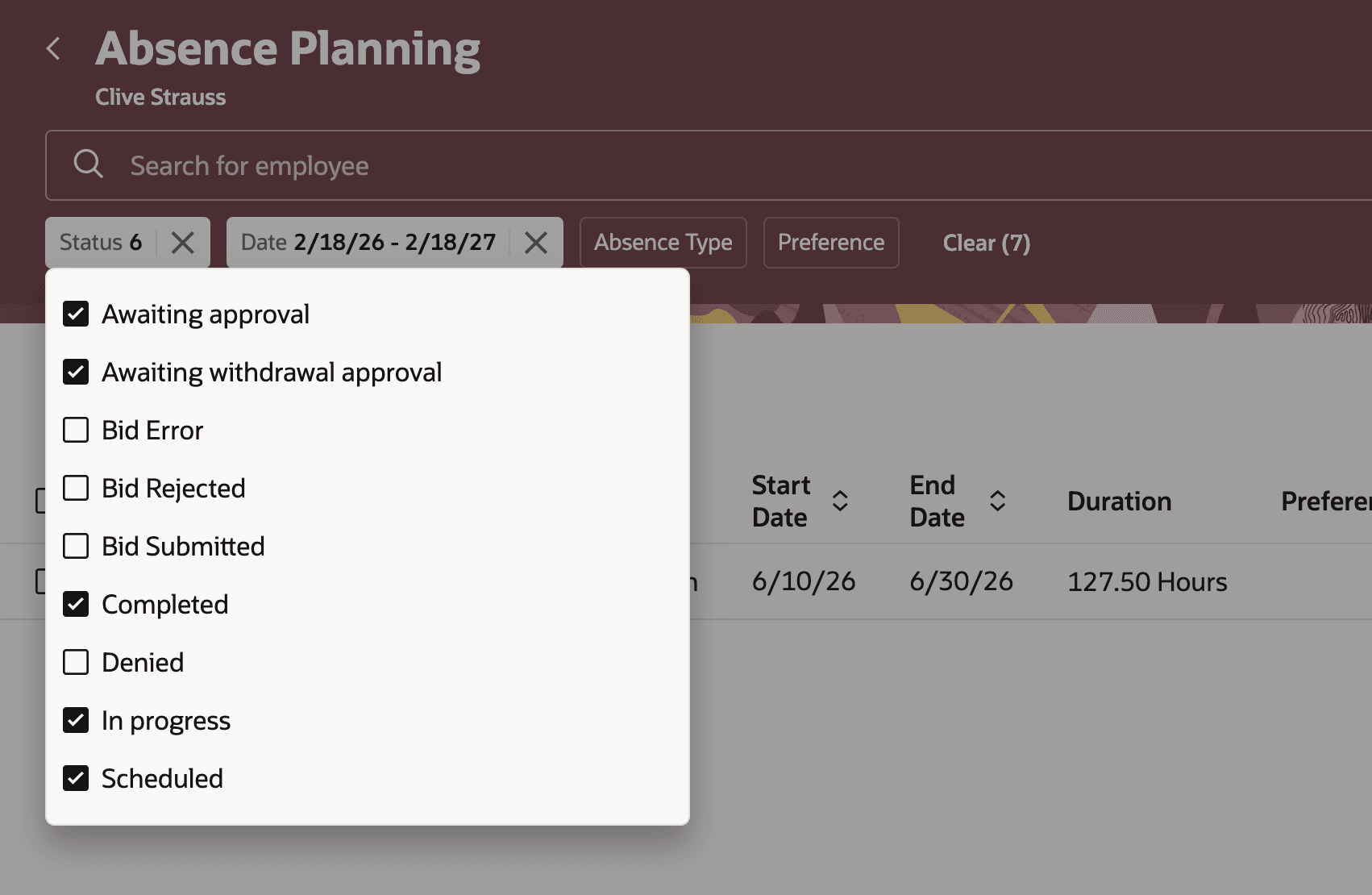 Completed absence filter in the Absence Planning page